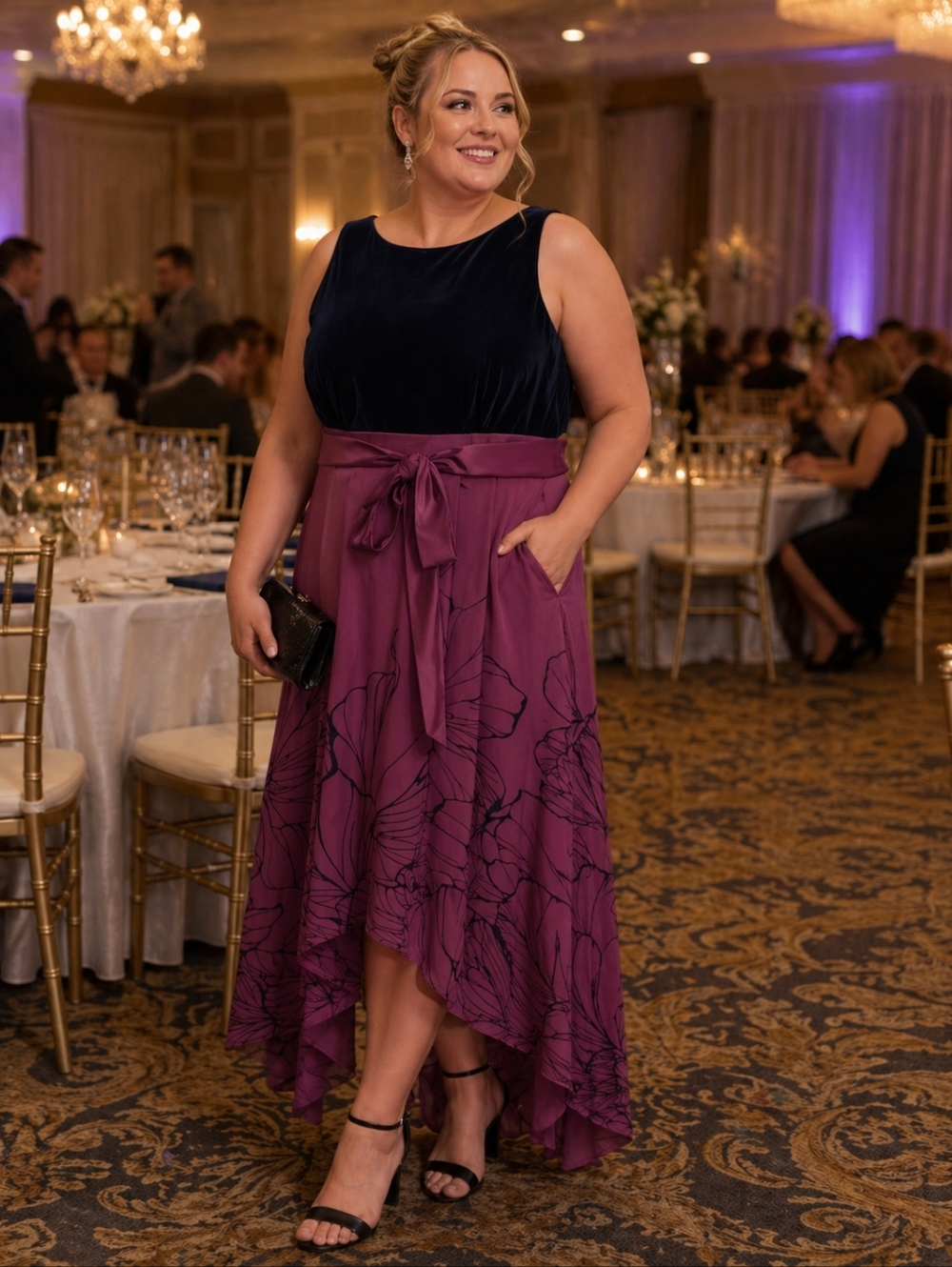 Ignite Evenings Formal Sz 18 Missy Burgundy Floral Black Velour